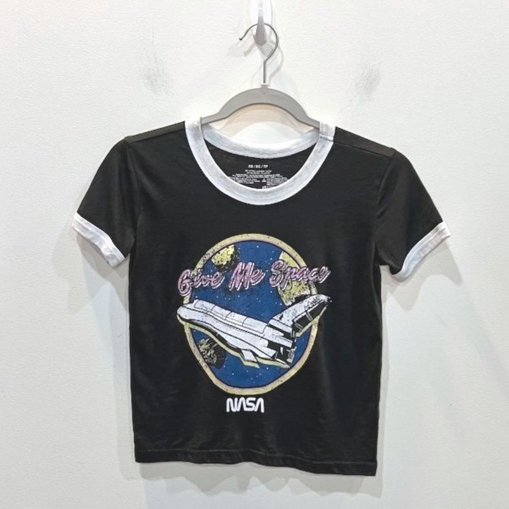 NASA Give Me Space Themed Baby Tee Size XS Cropped Ringer T-shirt Gray White